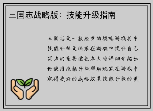 三国志战略版：技能升级指南
